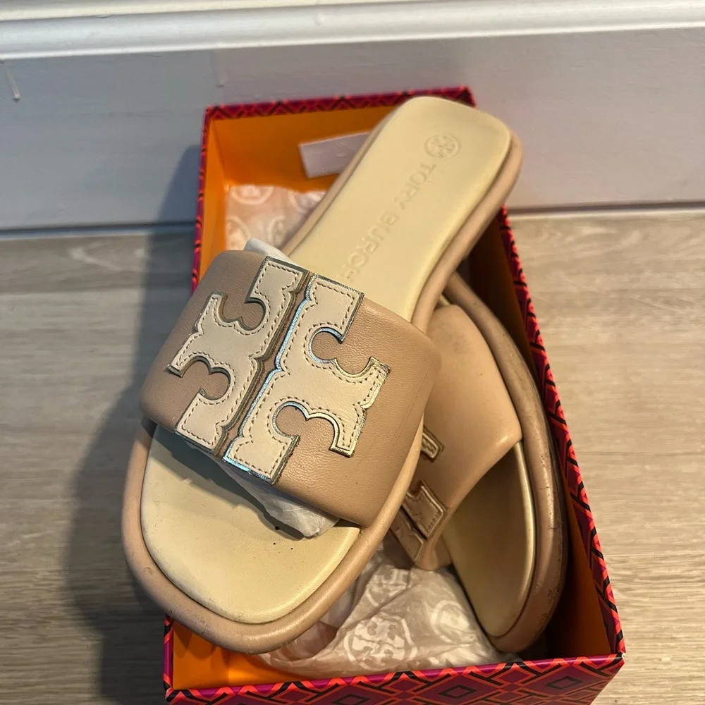 Tory Burch Tan and Cream Logo Slide Sandals - Picture 2 of 3